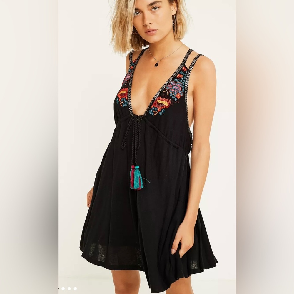 Free People Cove Embroidered Black Boho Strappy Mini Dress Size S